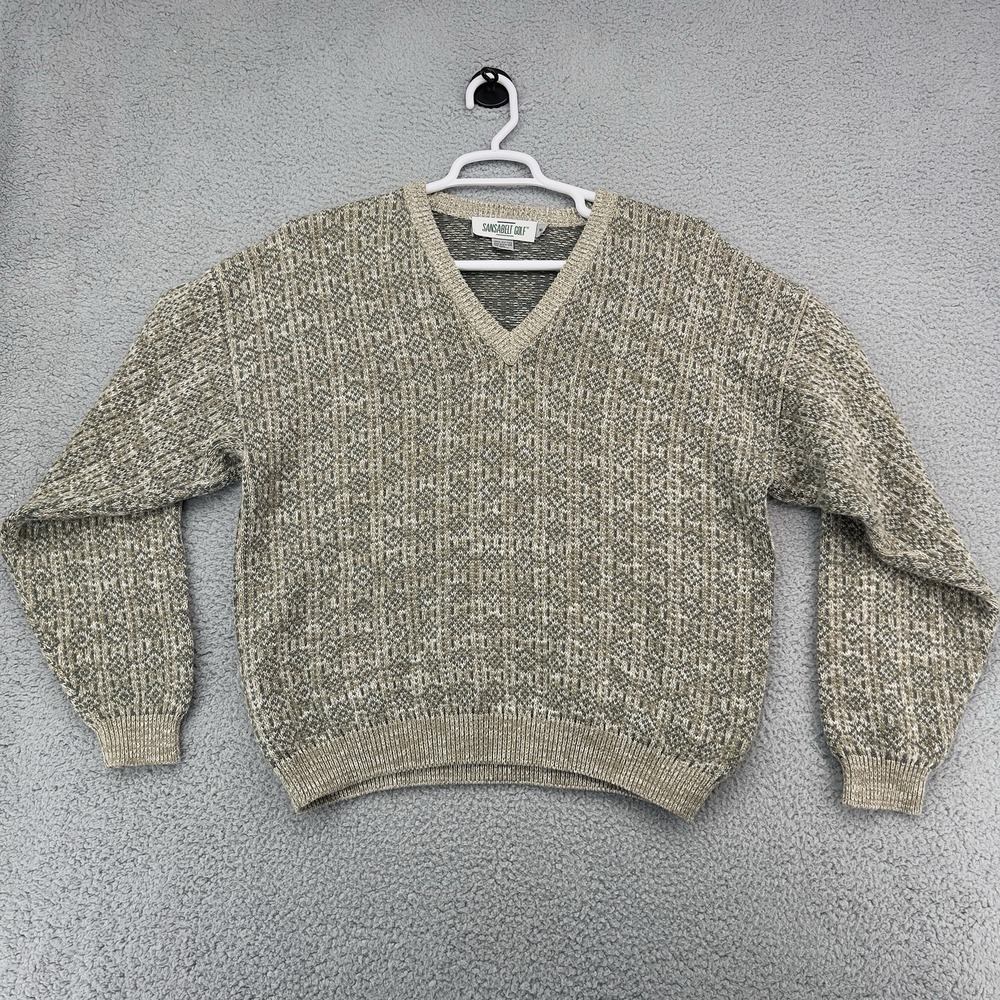 Sansabelt Golf Vintage V-Neck Sweater Men's XL Beige Gray Knit Cotton Pullover